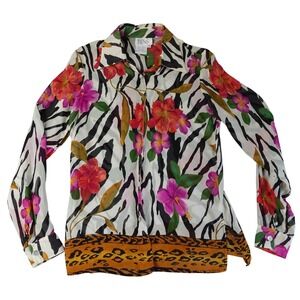 Vintage TESS Blouse Womens S Multicolor Floral Zebra Animal Print Silk Button Up